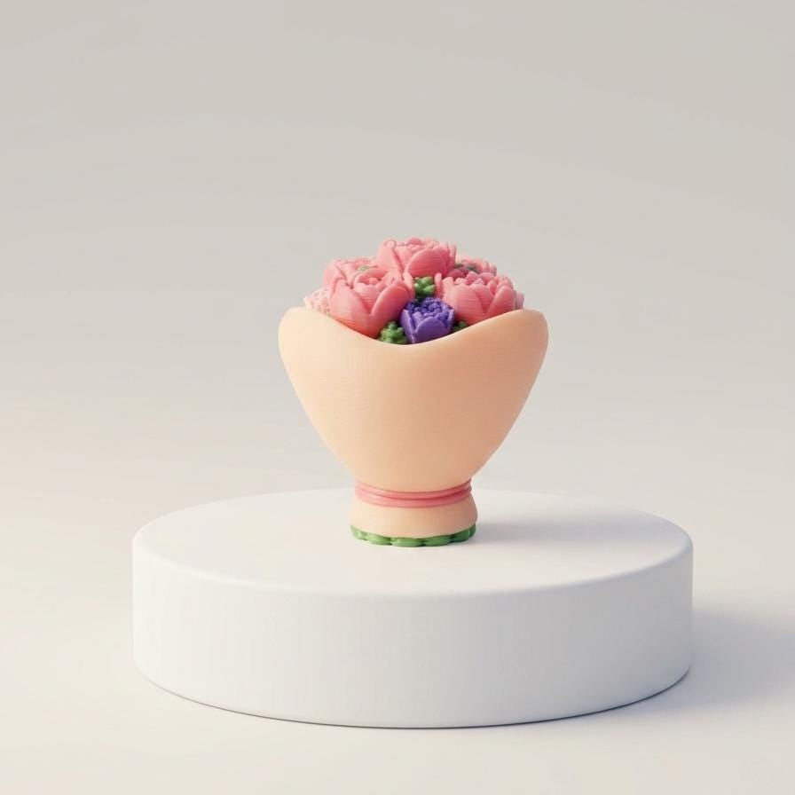 Decorative item resembling a bouquet of flowers in a pink holder on a white platform with a light gray background