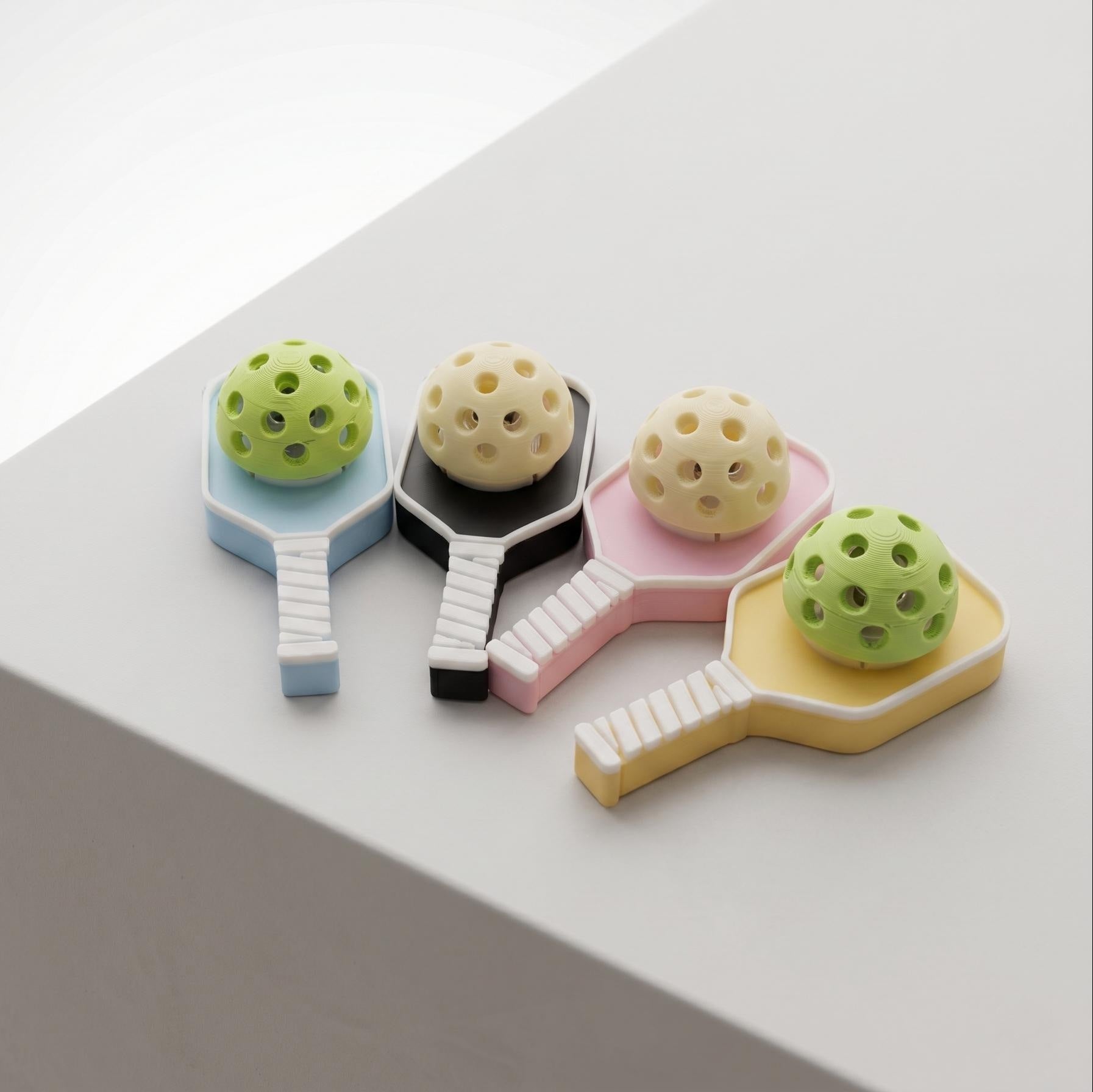 Four colorful badminton rackets with shuttlecocks on a white surface